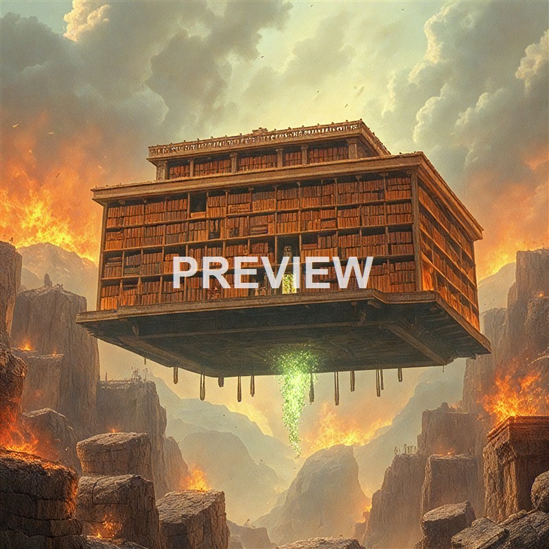 A large wooden library building is suspended above a fiery, mountainous landscape with glowing embers and smoke in the background, and a green glowing portal or energy emanating from beneath it.